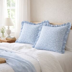 2 NWOT Laura Ashley VTG Euro Shams  Light Blue Ground w White Botanical Sprig